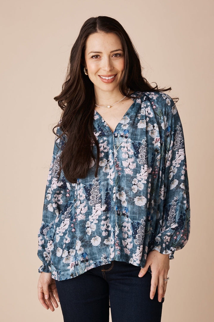 Lissy Floral Long Sleeve Top Blue Tops