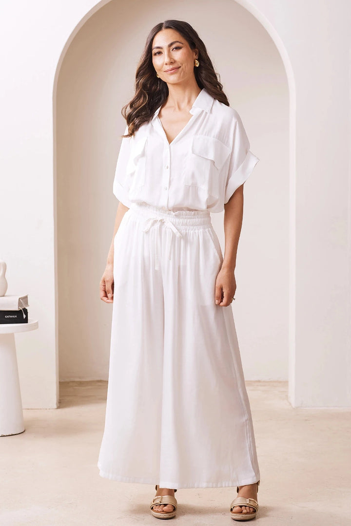 Vittoria Short Sleeve Collared V-Neck Shirt Ivory Tops