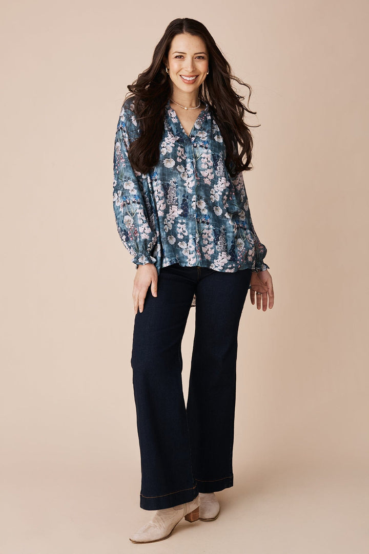 Lissy Floral Long Sleeve Top Blue Tops
