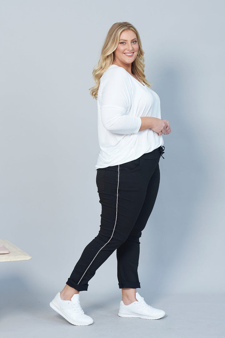 Rhinestone Side Stripe Crinkle Jogger Black Pants