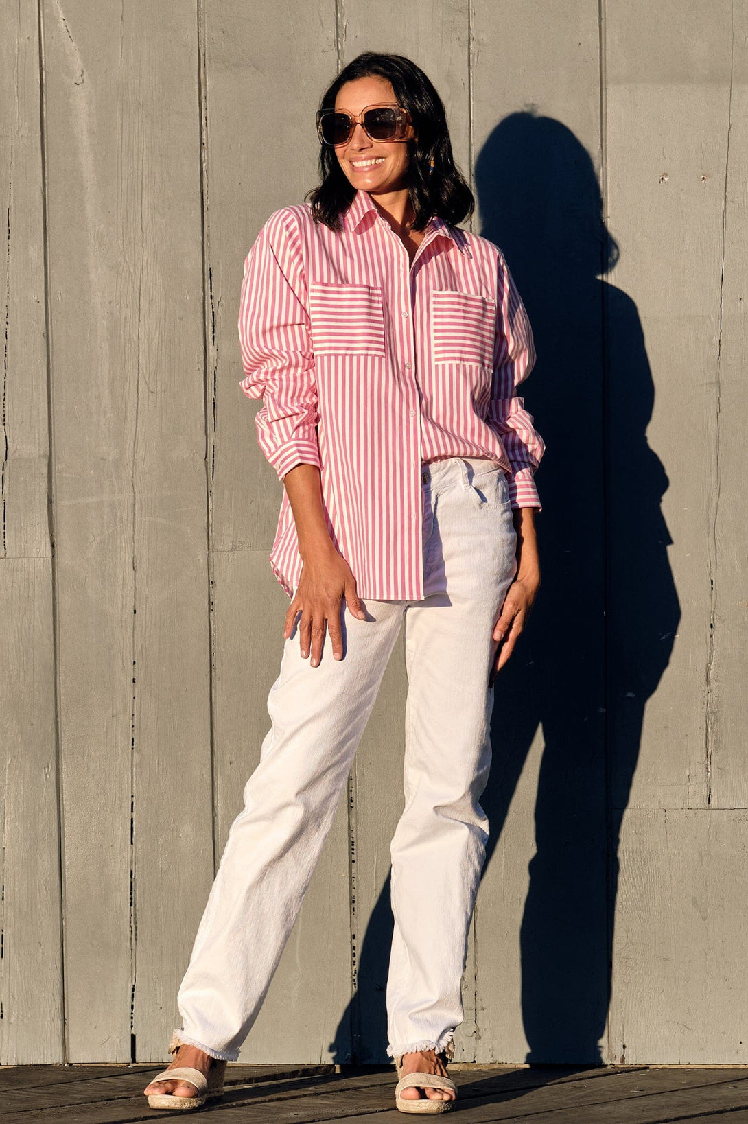 Gina Long Sleeve Collared Shirt Striped Pink Tops