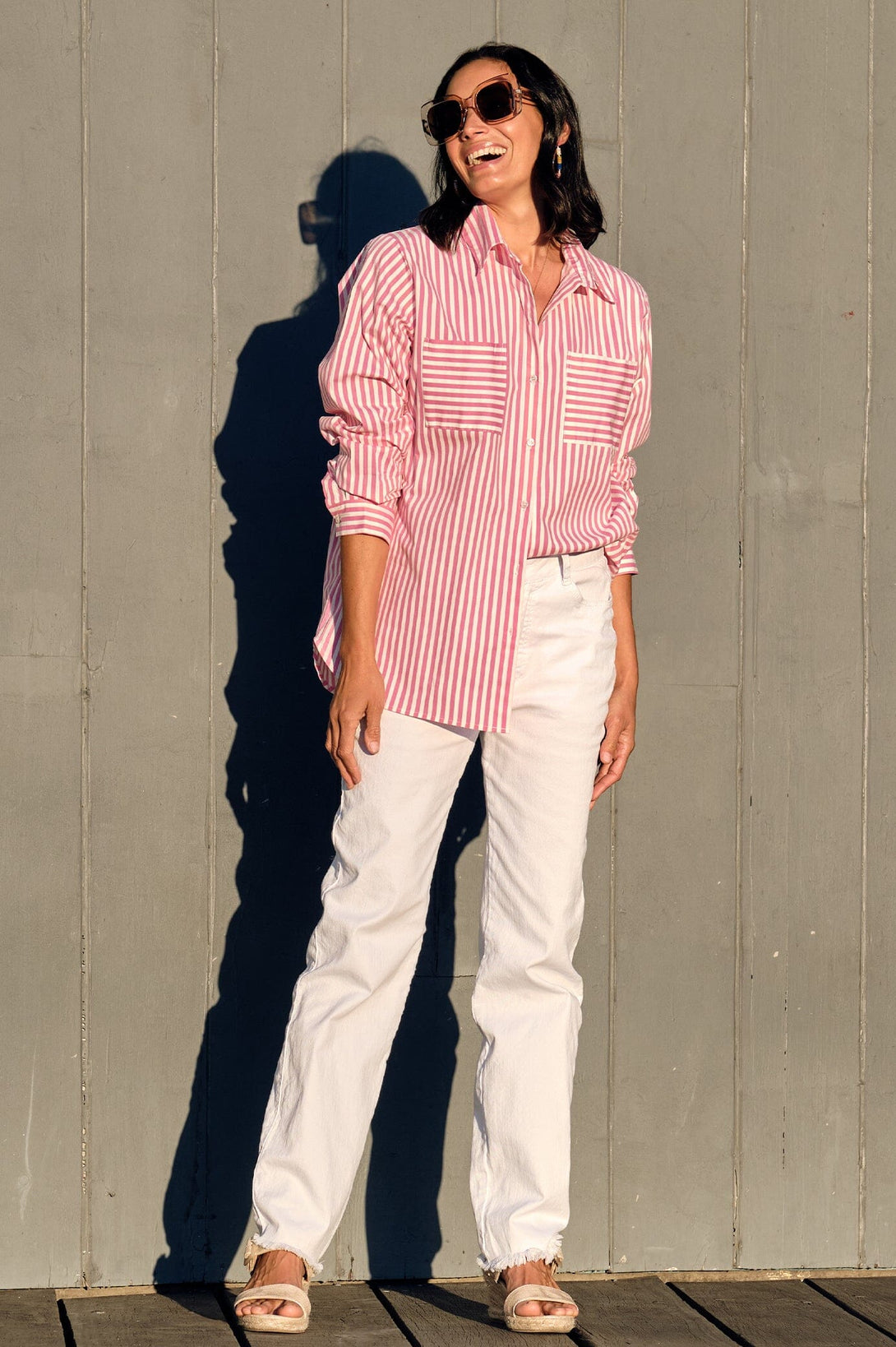 Gina Long Sleeve Collared Shirt Striped Pink Tops
