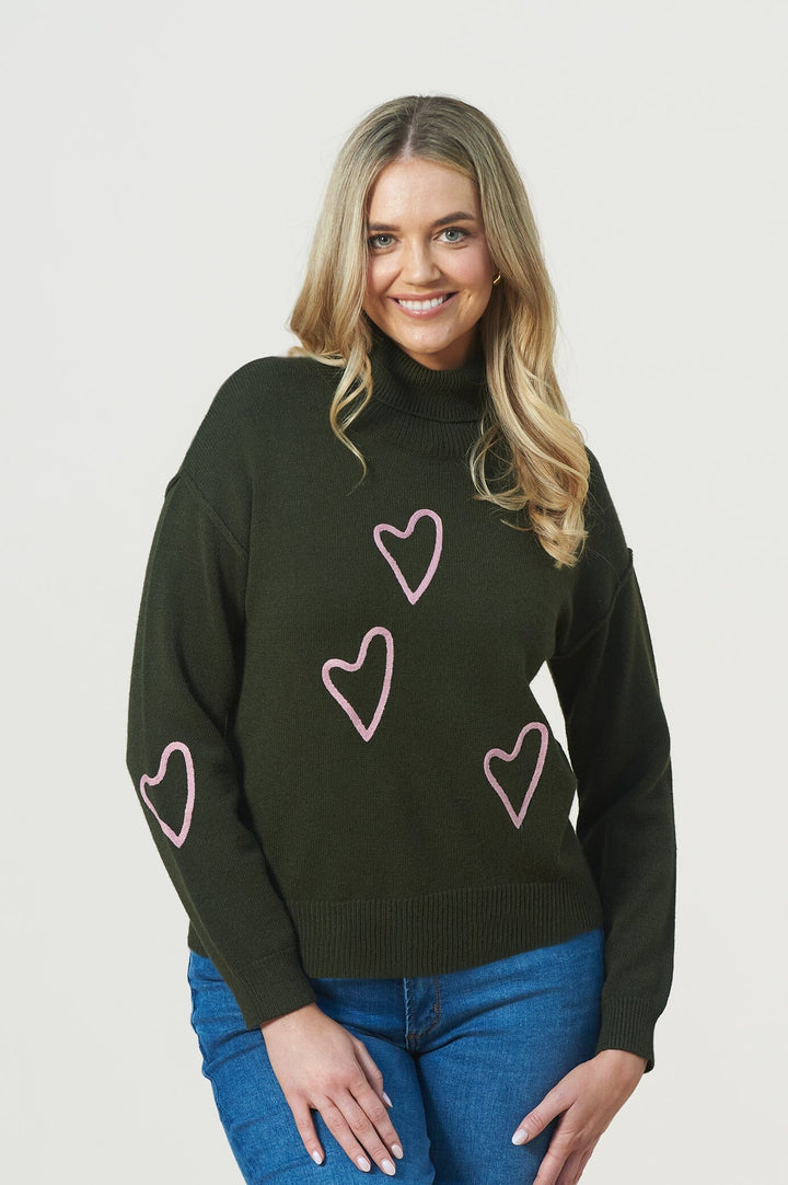 Romila Heart Jumper Forest Green Knitwear