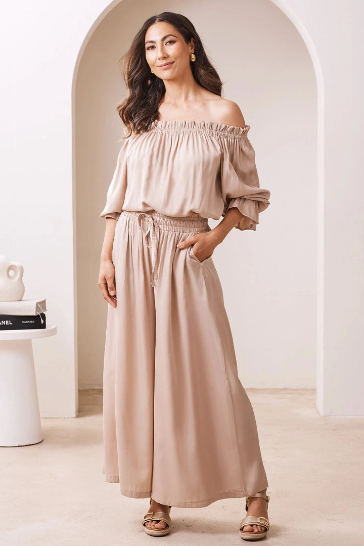 Vittoria Smocked Waist Wide Leg Pants Taupe Pants