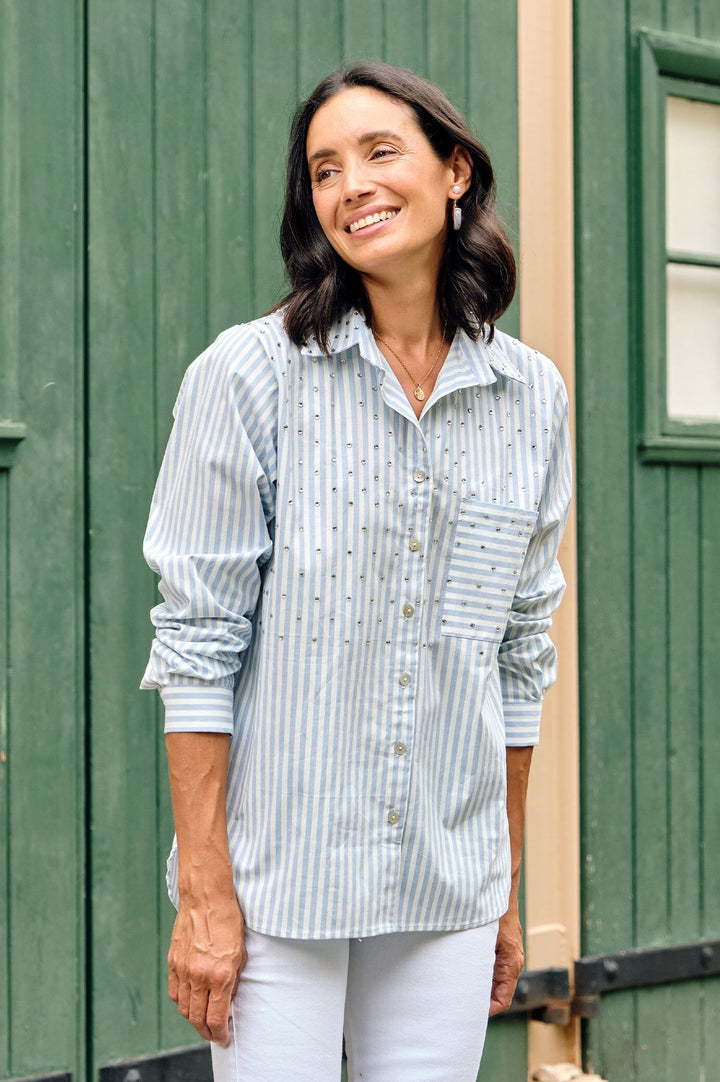 Renata Blue Striped Collared Shirt Tops