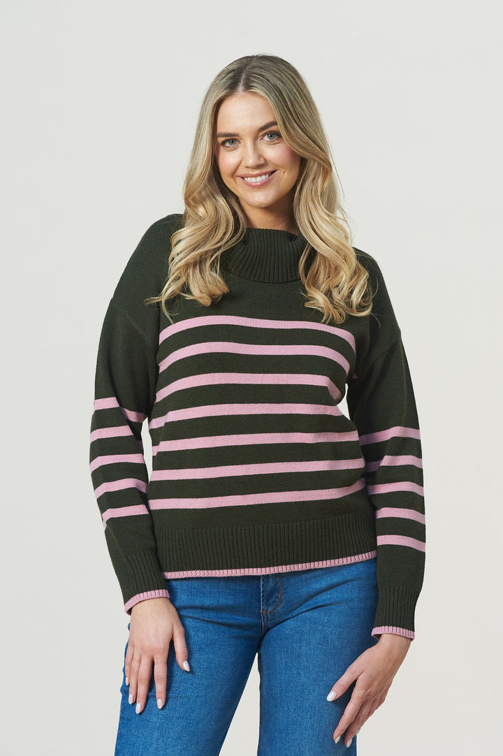 Tamara Striped Jumper Forest Green & Blush Knitwear