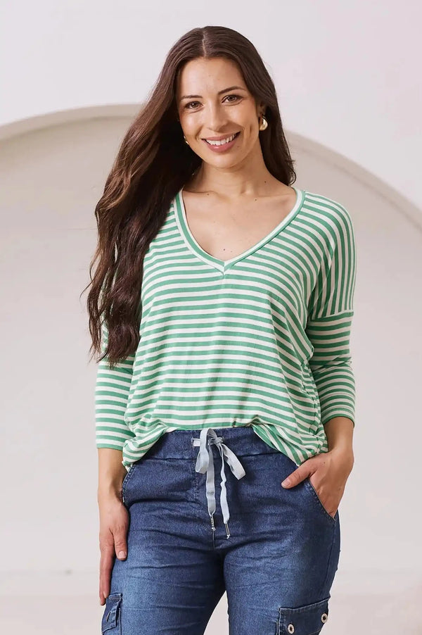 Erica Essential Long Sleeve Top Striped Emerald Tops