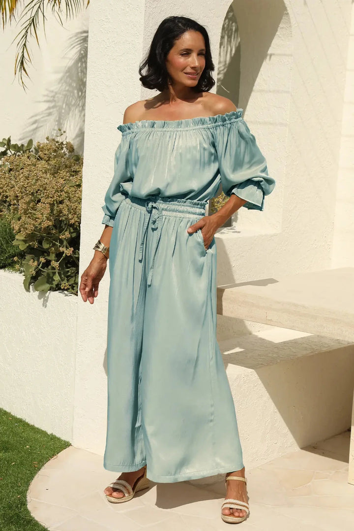 Vittoria Frill Trim Off Shoulder Long Sleeve Top Teal- Pre Order Tops