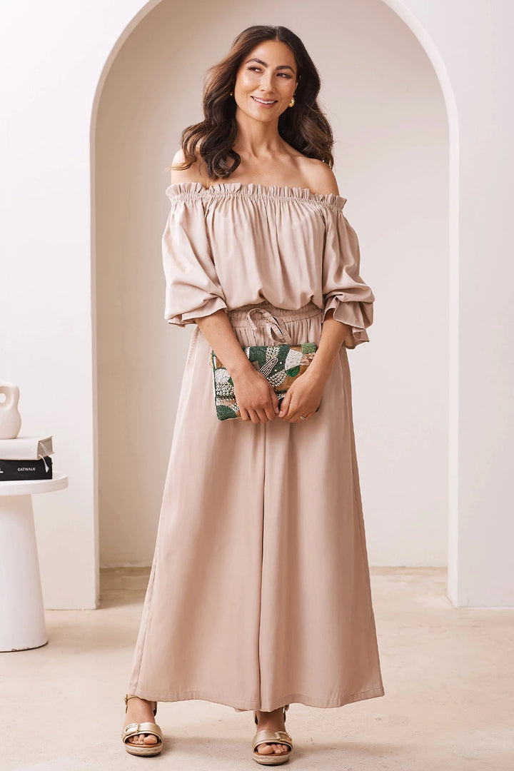 Vittoria Frill Trim Off Shoulder Long Sleeve Top Taupe Tops