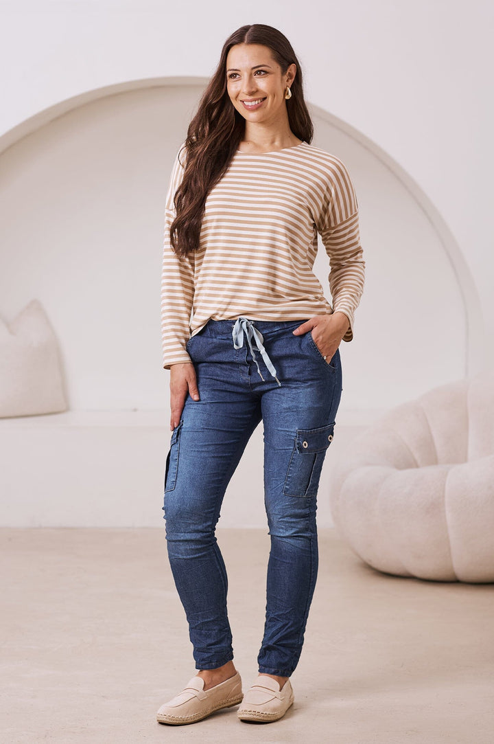 Erica Essential Top Round Neck Striped Camel Tops
