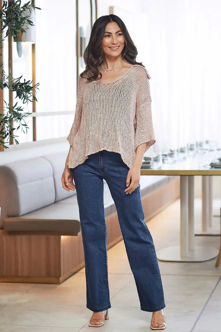 Sicily Knitted V-Neck Short Sleeve Top with Collar Beige Tops