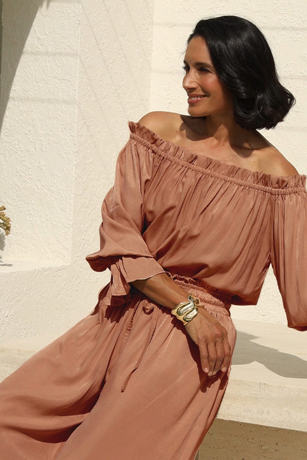 Vittoria Frill Trim Off Shoulder Long Sleeve Top Coffee- Pre Order Tops