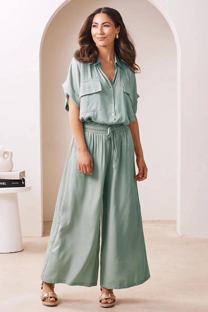 Vittoria Short Sleeve Collared V-Neck Shirt Teal-Pre Order Tops