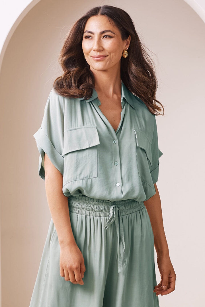 Vittoria Short Sleeve Collared V-Neck Shirt Teal-Pre Order Tops