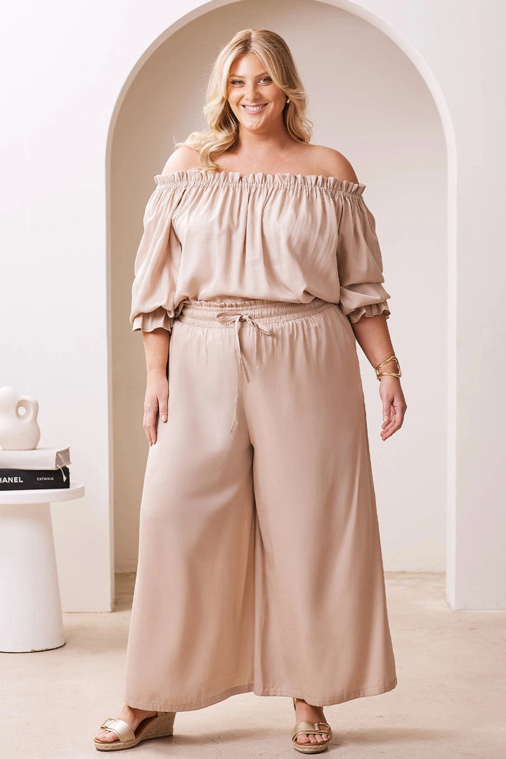 Vittoria Smocked Waist Wide Leg Pants Taupe Pants
