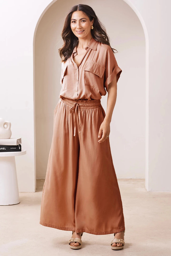 Vittoria Smocked Waist Wide Leg Pants Coffee-Pre Order Pants