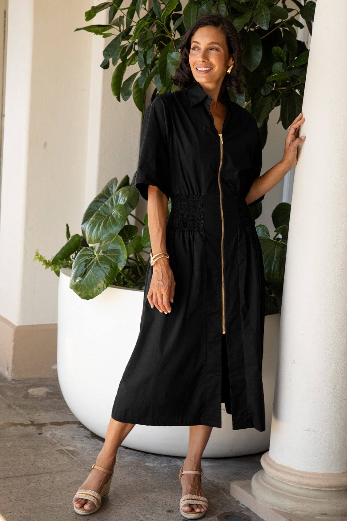 Laura Short Sleeve Smocked Waist Zip Front Midi Dress Black Dress