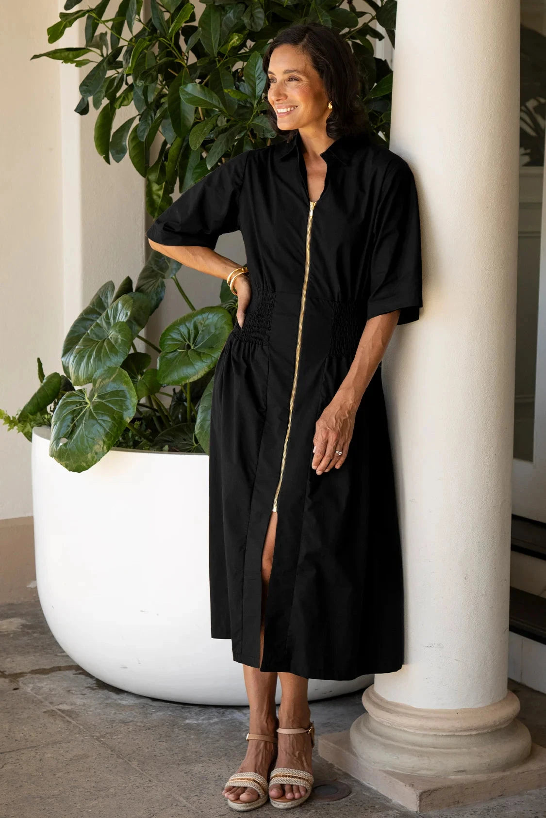 Laura Short Sleeve Smocked Waist Zip Front Midi Dress Black Dress