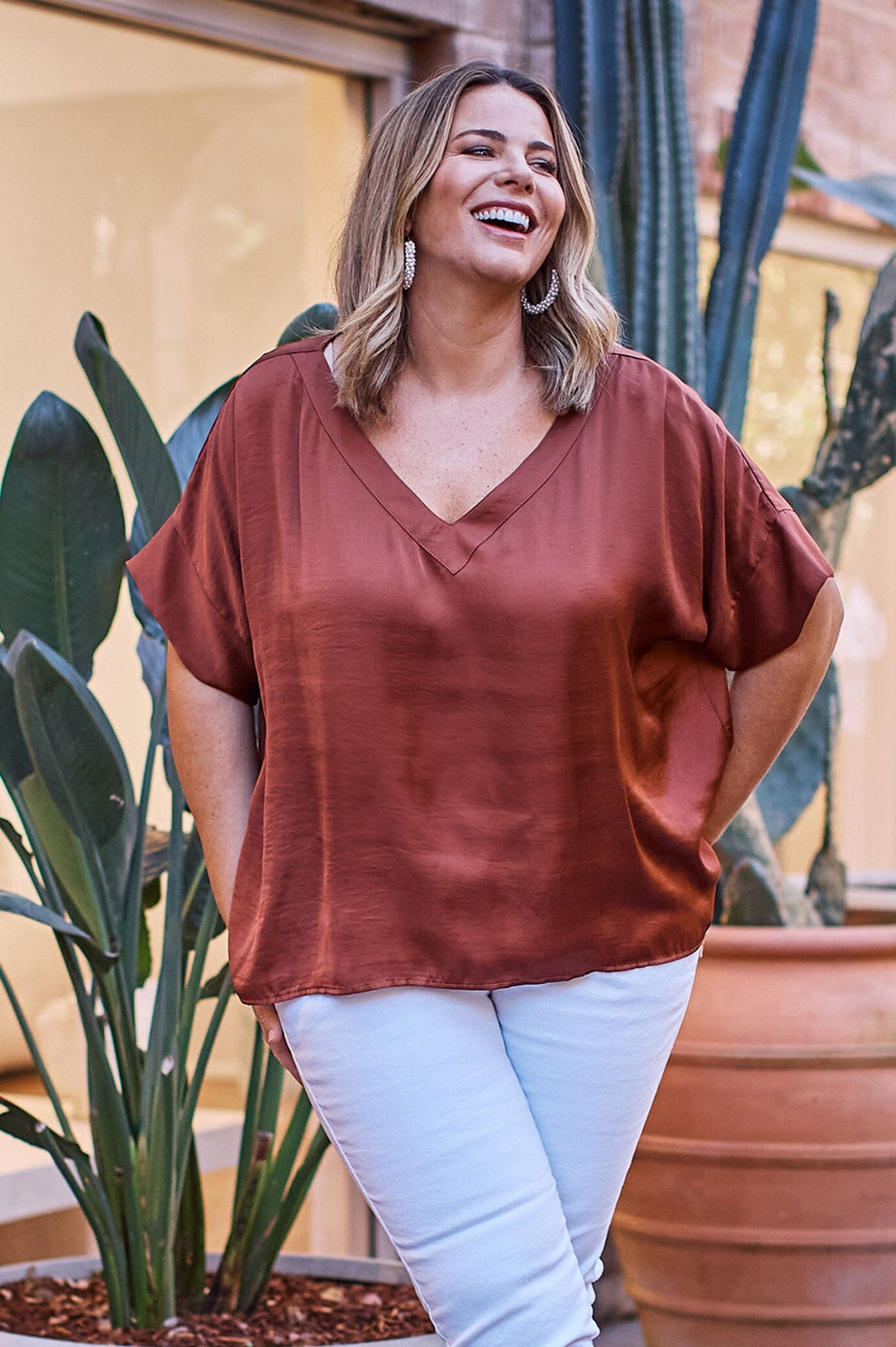 Bianca Short Sleeve Top Rust with V Neck Tops