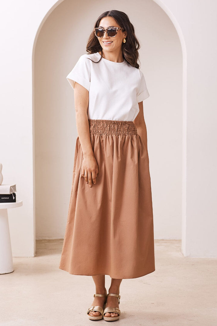 Brooke Smocked Waist Midi A-Line Skirt Camel Skirt