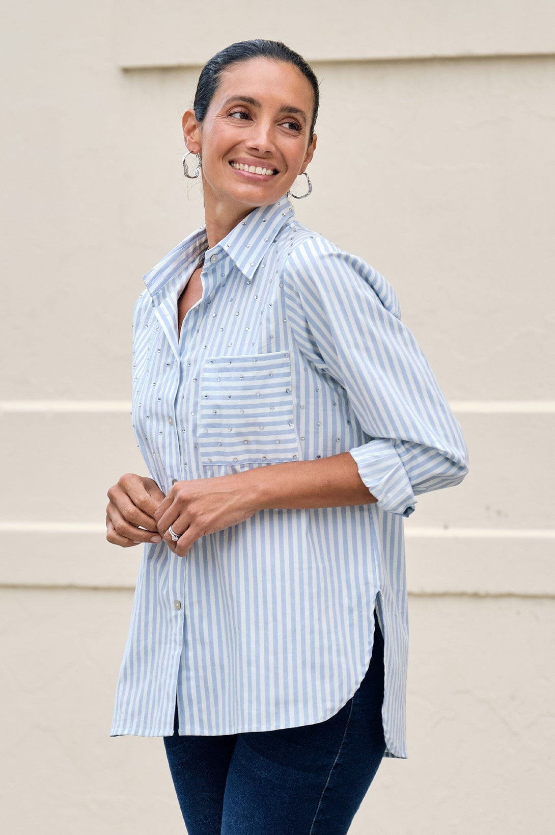 Renata Blue Striped Collared Shirt Tops