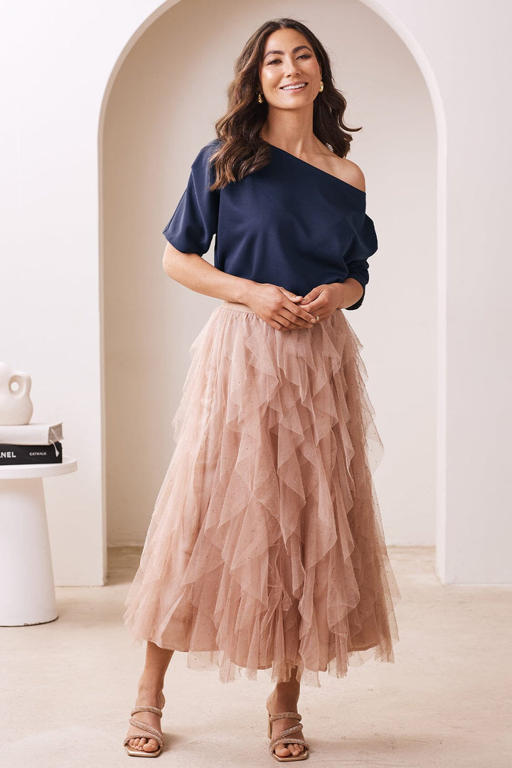 Isabella Asymmetrical Ruffle Tulle Maxi Skirt Champagne Skirt