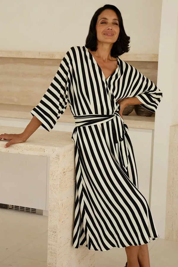 Francesca Striped Midi Dress Black and Ivory Dress