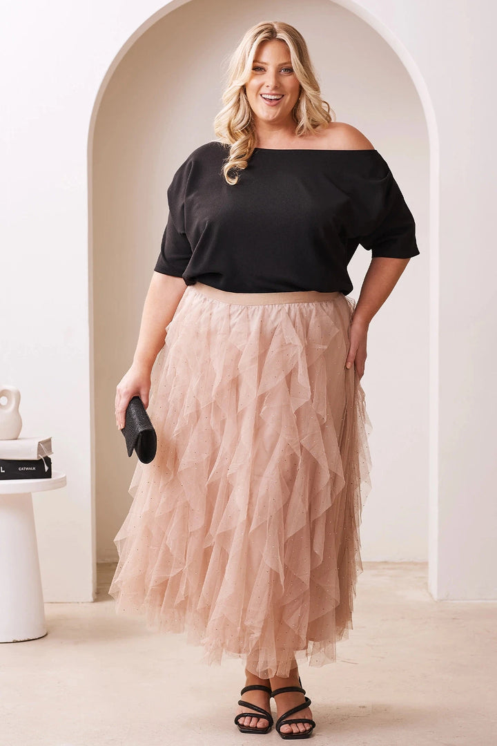 Isabella Asymmetrical Ruffle Tulle Maxi Skirt Champagne Skirt