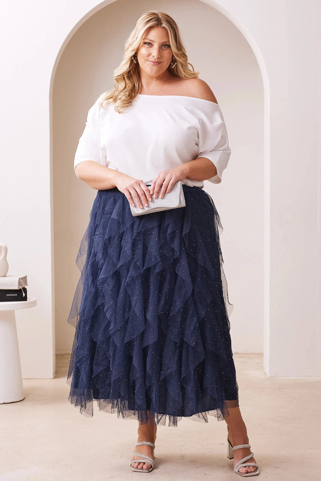 Isabella Asymmetrical Ruffle Tulle Maxi Skirt Navy Skirt