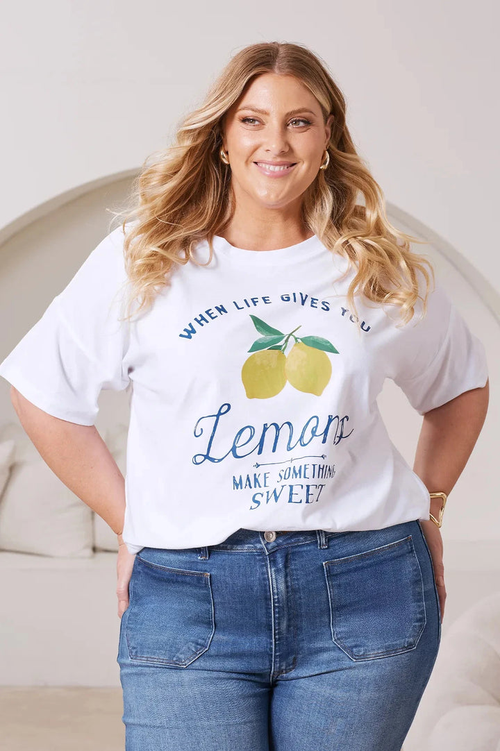 Lemon Quote Oversized Graphic T-Shirt White Tops