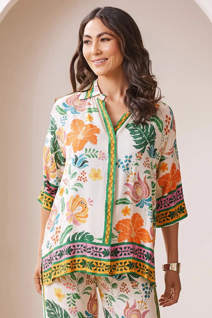 Alyce Floral Short Sleeve Collared Shirt Tops