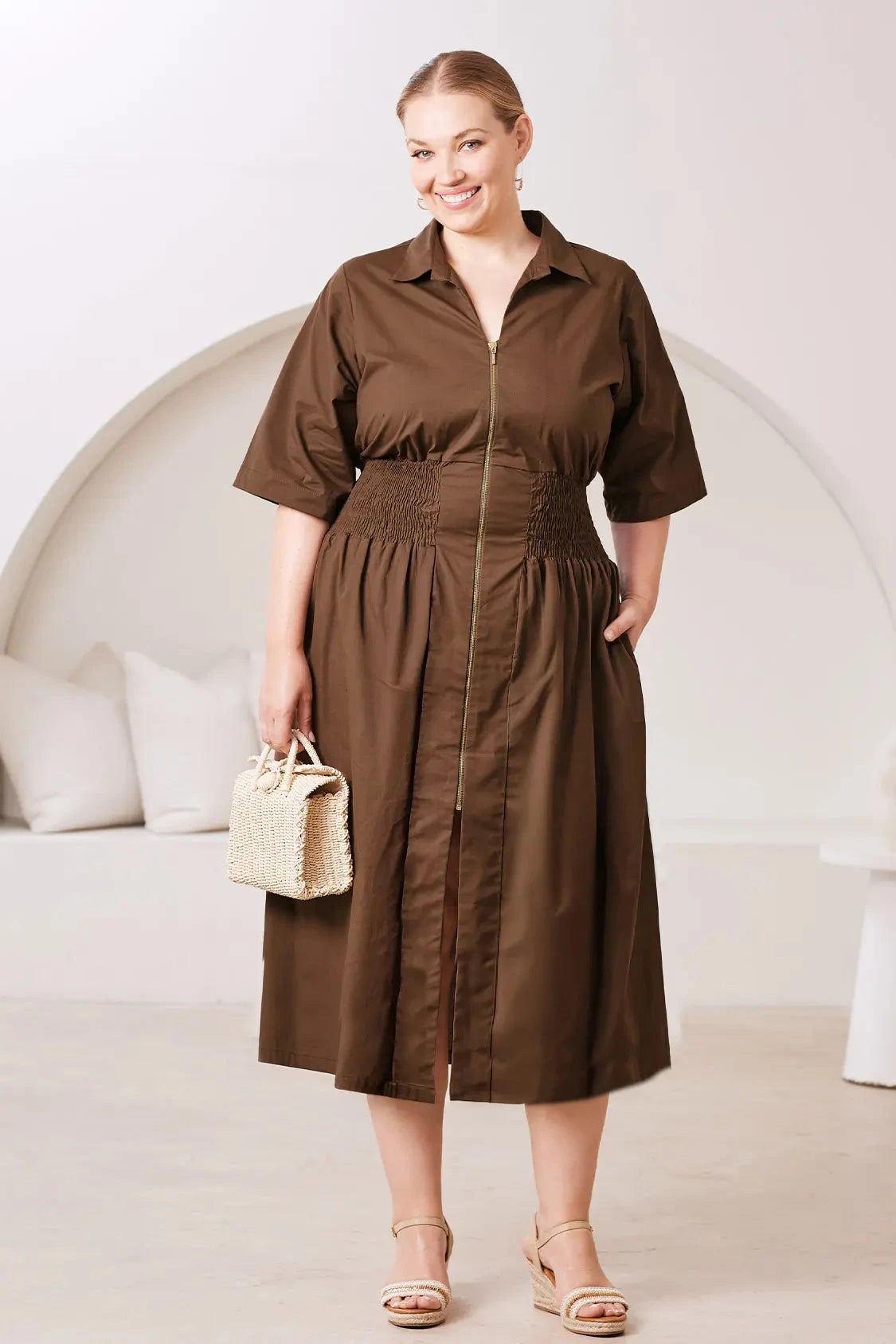 Laura Short Sleeve Smocked Waist Zip Front Midi Dress Brown Dress