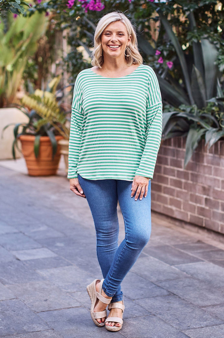 Erica Essential Top Round Neck Striped Emerald Tops