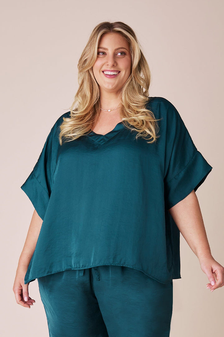 Bianca Short Sleeve Top Forest Green with V Neck Tops