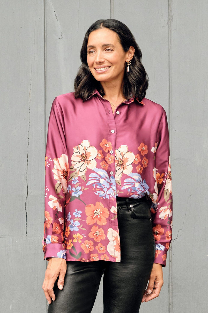 Milena Collared Long Sleeve Shirt Burgundy Tops