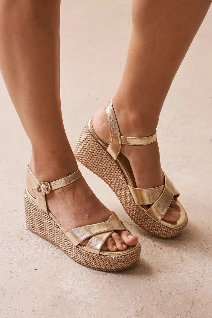 Chiara Cross Strap Wedges Metallic Gold Shoes