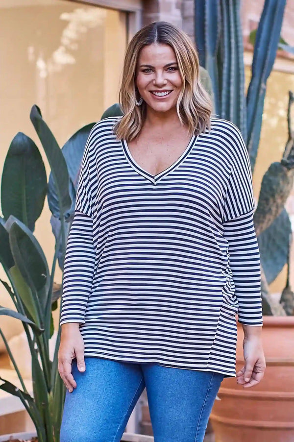 Erica Essential Long Sleeve Top Striped Navy Tops
