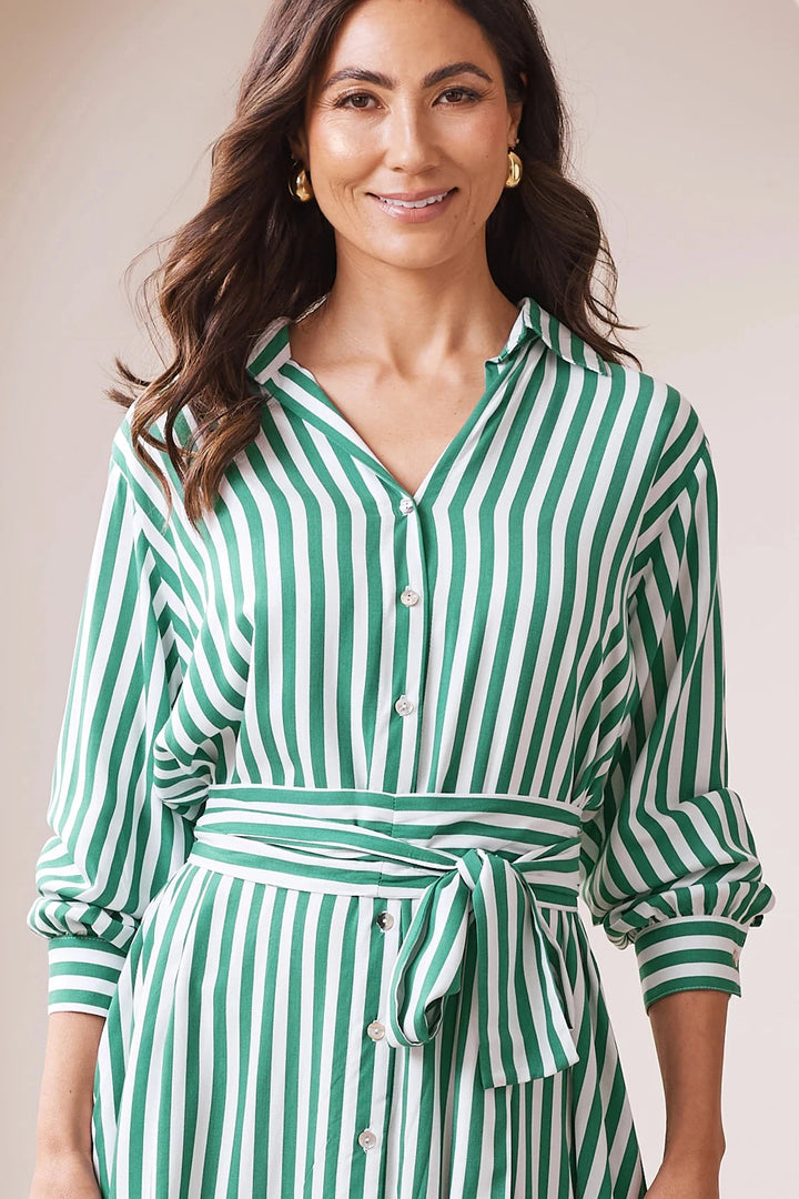 Francesca Long Sleeve Striped Midi Dress Emerald and White Dress