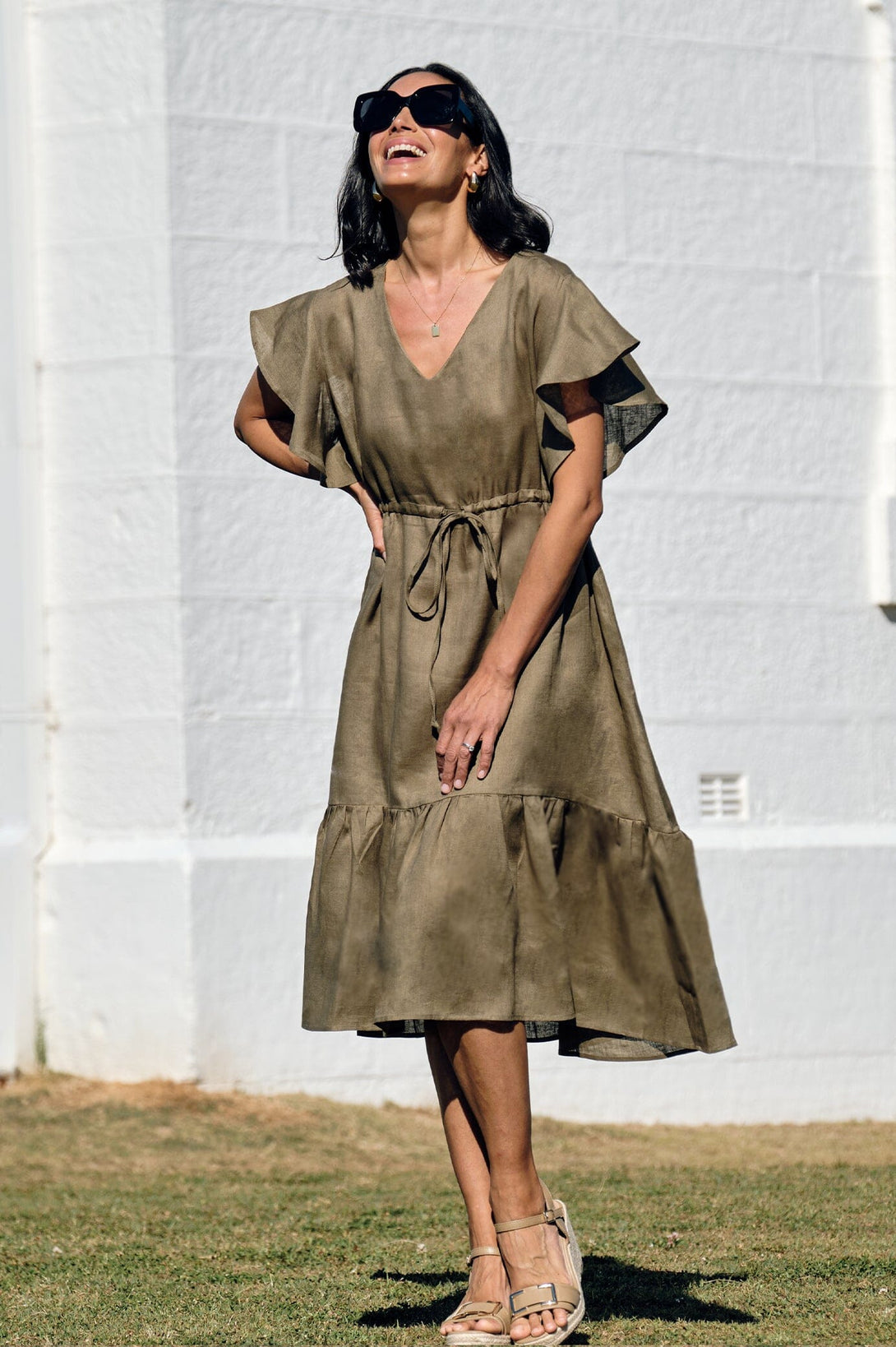 Penny Linen Short Sleeve Dress Olive-Pre Order Dress