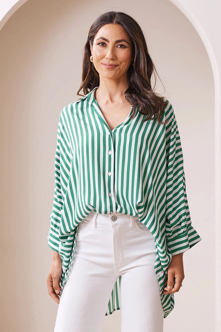 Francesca Striped Relaxed Shirt Emerald and White Tops