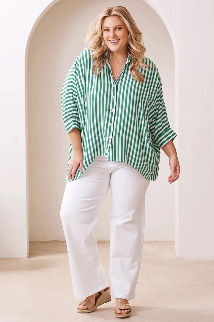 Francesca Striped Relaxed Shirt Emerald and White Tops