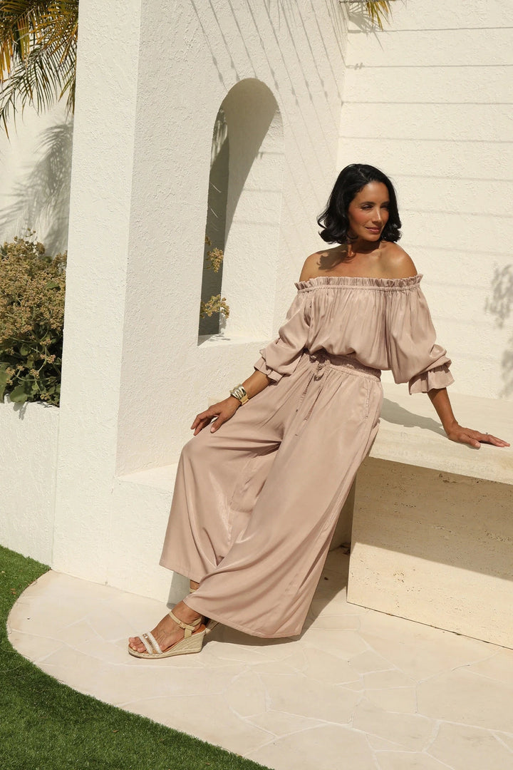 Vittoria Smocked Waist Wide Leg Pants Taupe Pants