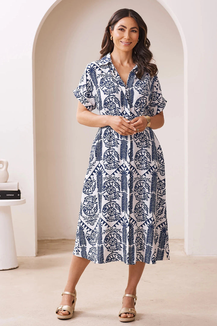 Antonella Collared Short Sleeve Midi Dress Navy Dress