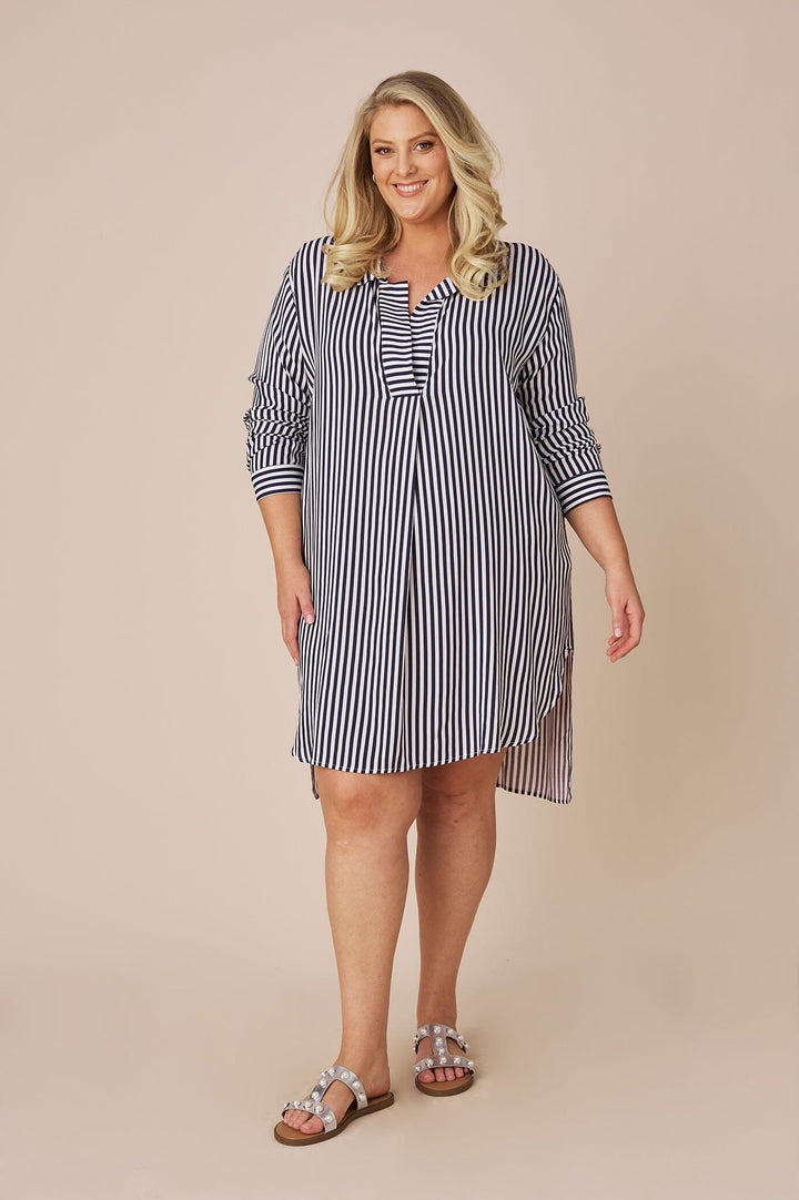 Monaco Striped Dress Shirt Dark Navy and White Dress-Shirts