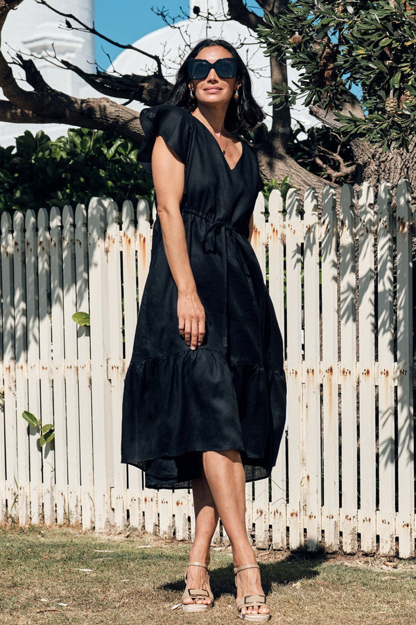 Penny Linen Short Sleeve Dress Black Dress