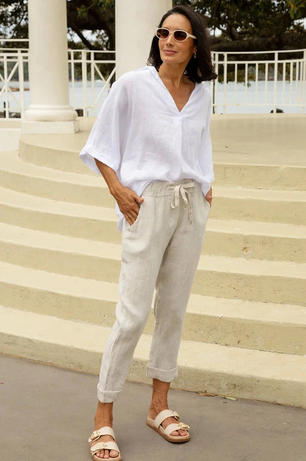 Luisa Linen Relaxed Jogger in Oatmeal Pants