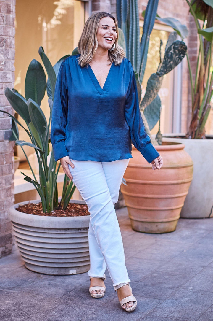 Daniella V-Neck Long Sleeve Top Navy Tops