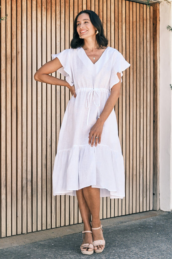 Penny Linen Short Sleeve Dress White Dress