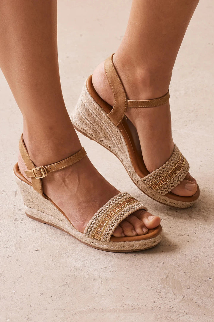 Tayla Rhinestone Woven Wedges Beige Shoes