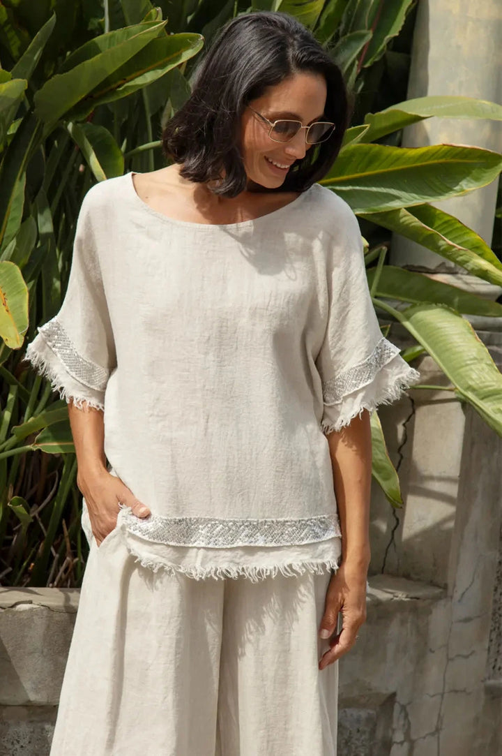 Antonia Linen Short Sleeve Sequinned Top in Oatmeal Tops